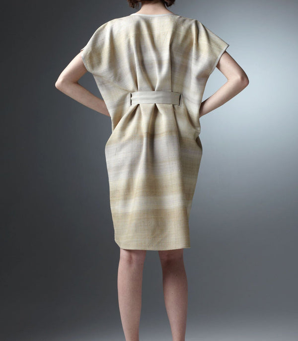 Back view of model in Ombre silk linen knee length dress - Darby Scott