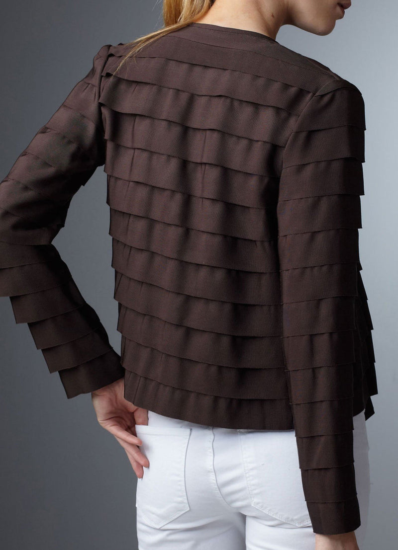 Model in Chocolate Silk Grosgrain Ribbon Jacket back view - Darby Scott