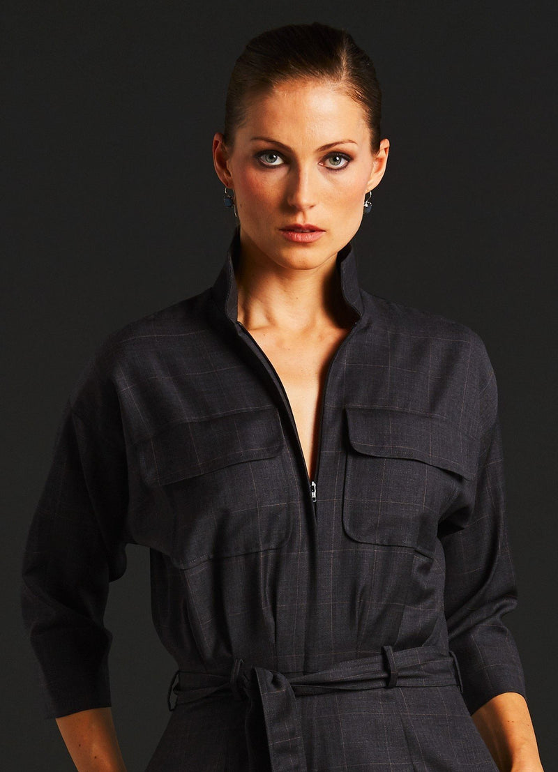 Grey Plaid Jumpsuit worn by model, close up view of bodice - Darby Scott