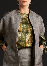 Detail of Topper Coat Suit with Tie-Dye Camo Silk Blouse - Darby Scott