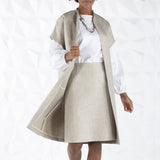 Topper Coat & white long sleeve blouse on model - Darby Scott