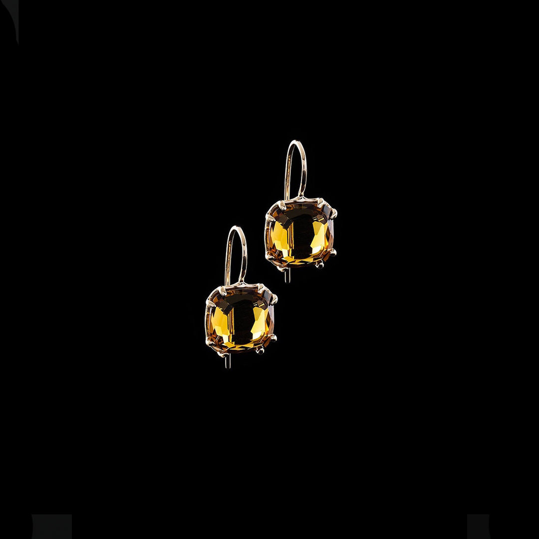 12MM Cushion Cut Imperial Topaz Earrings in 14K Yellow Gold - Darby Scott