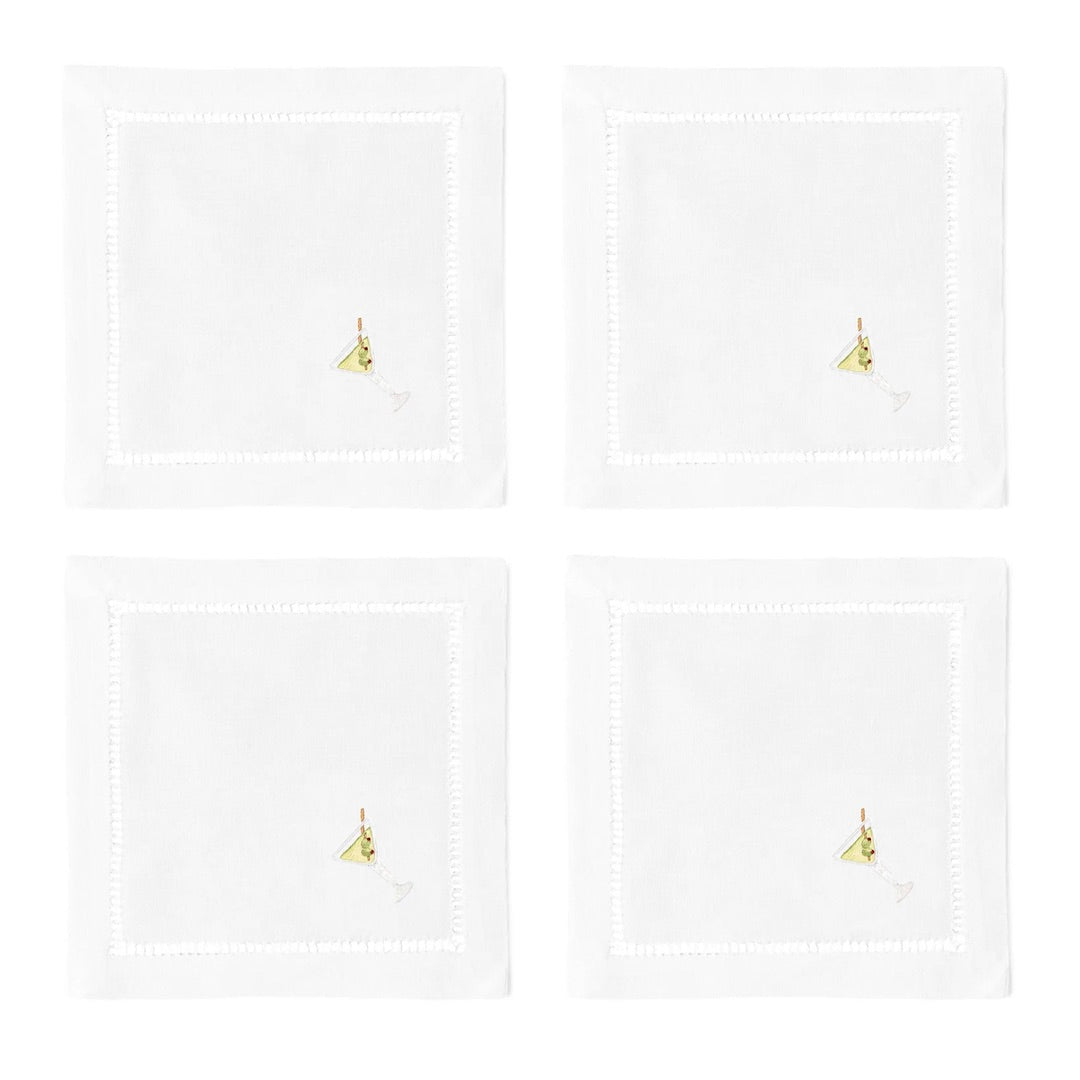 Cocktail napkins with embroidered martini in glass on corners