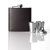 Espresso Brown Leather Covered Flask with two cups and funnel - Darby Scott