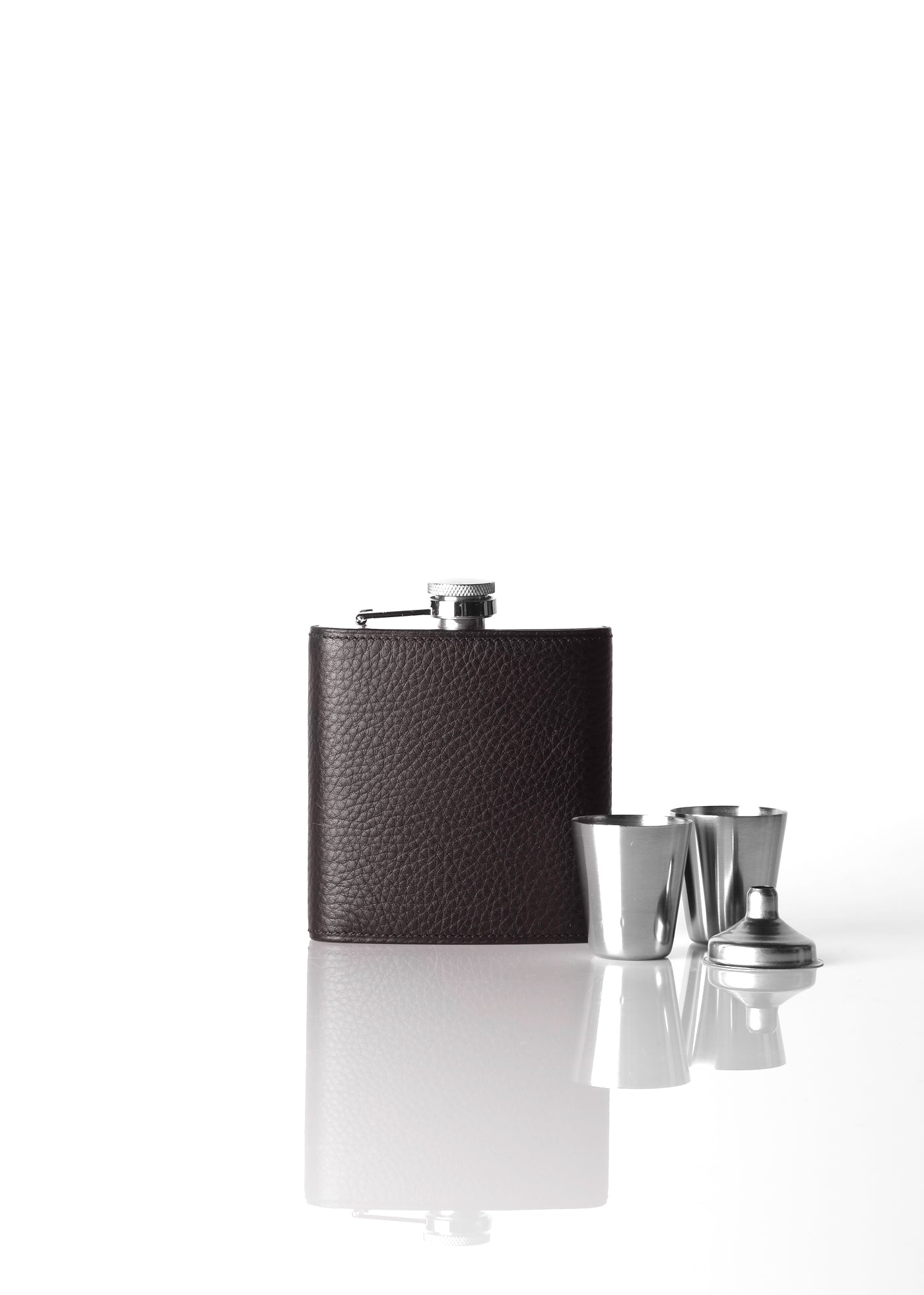 Espresso Brown Leather Covered Flask with two cups and funnel - Darby Scott