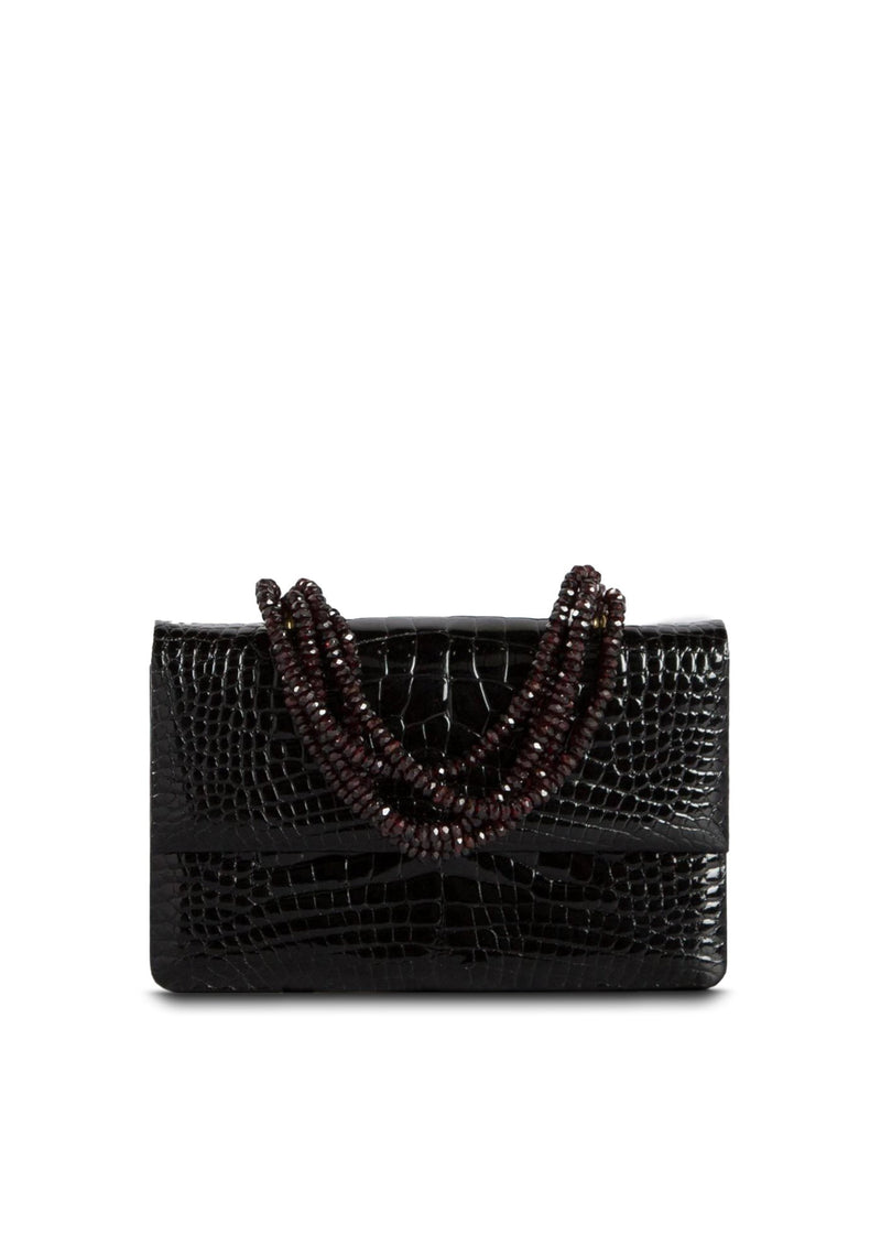 Exotic crocodile iconic necklace handbag in black with garnet gemstone handle - Darby Scott