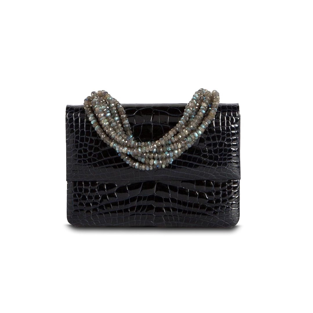 Exotic crocodile mini iconic necklace handbag in navy with labradorite handle - Darby Scott