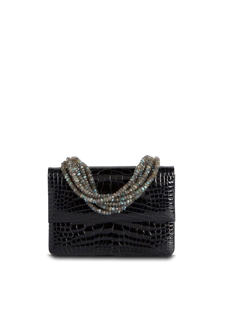 Exotic crocodile mini iconic necklace handbag in navy with labradorite handle - Darby Scott