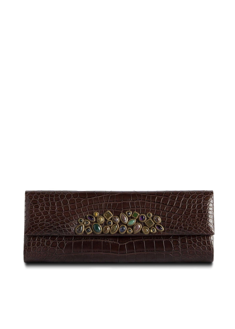 Exotic crocodile roll clutch in chocolate with gemstone mosaic embellishment - Darby Scott
