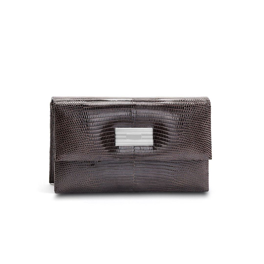 Exotic lizard mini clutch in brown with sterling silver monogram plate - Darby Scott