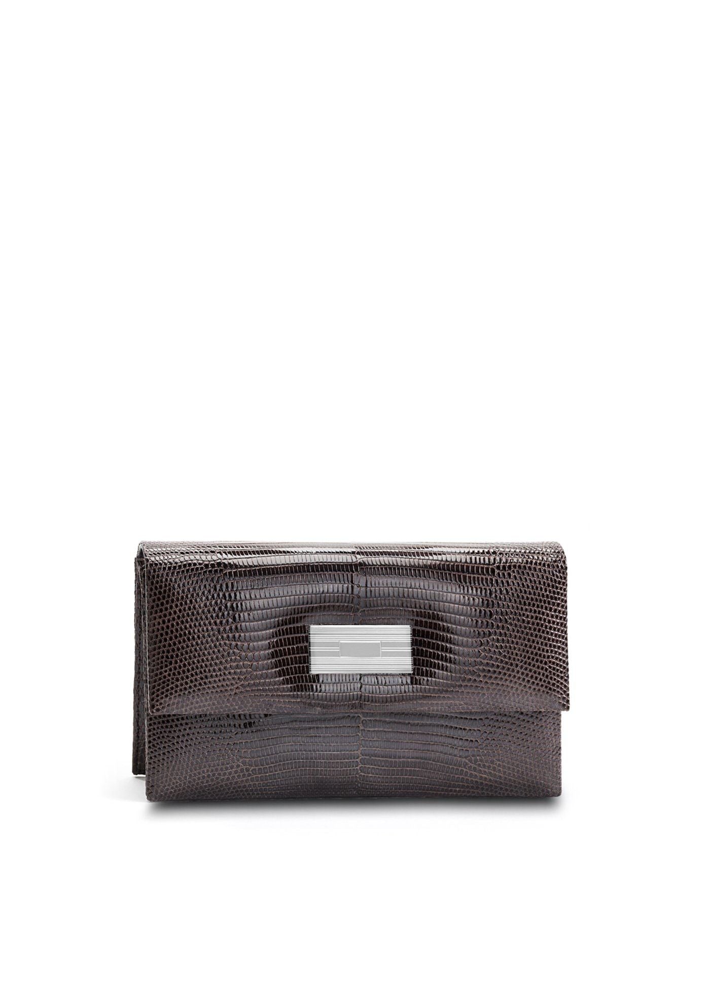 Exotic lizard mini clutch in brown with sterling silver monogram plate - Darby Scott