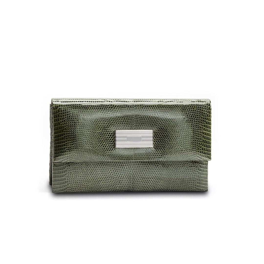 Exotic lizard mini clutch in green with sterling silver monogram plate - Darby Scott