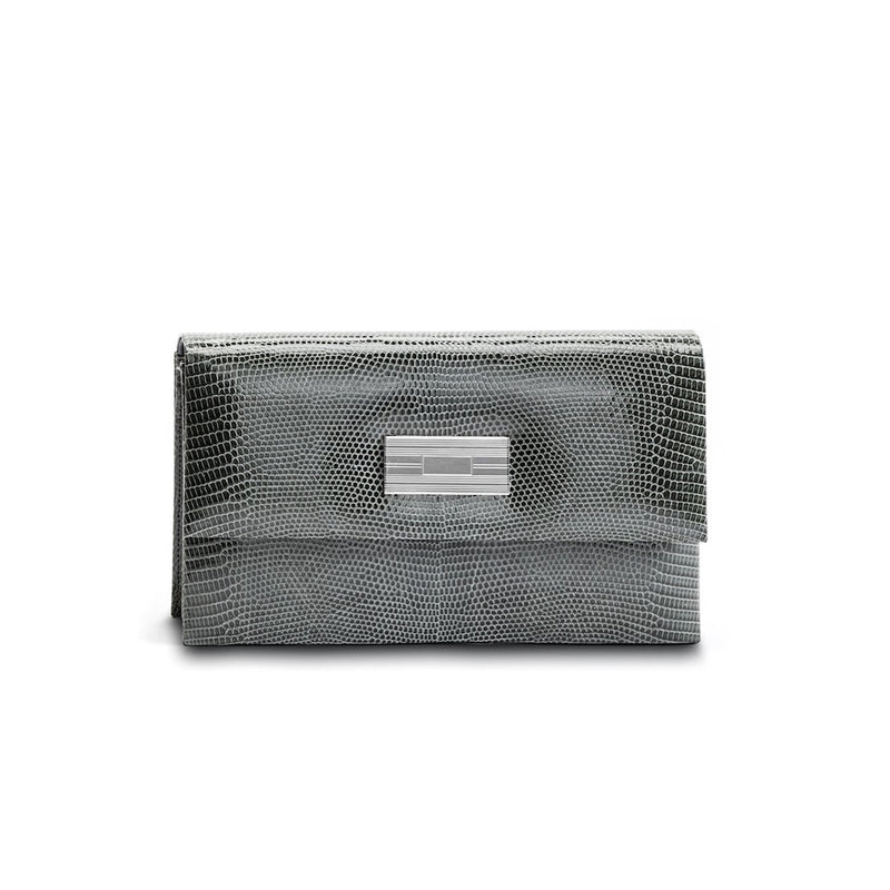 Exotic lizard mini clutch in grey with sterling silver monogram plate - Darby Scott