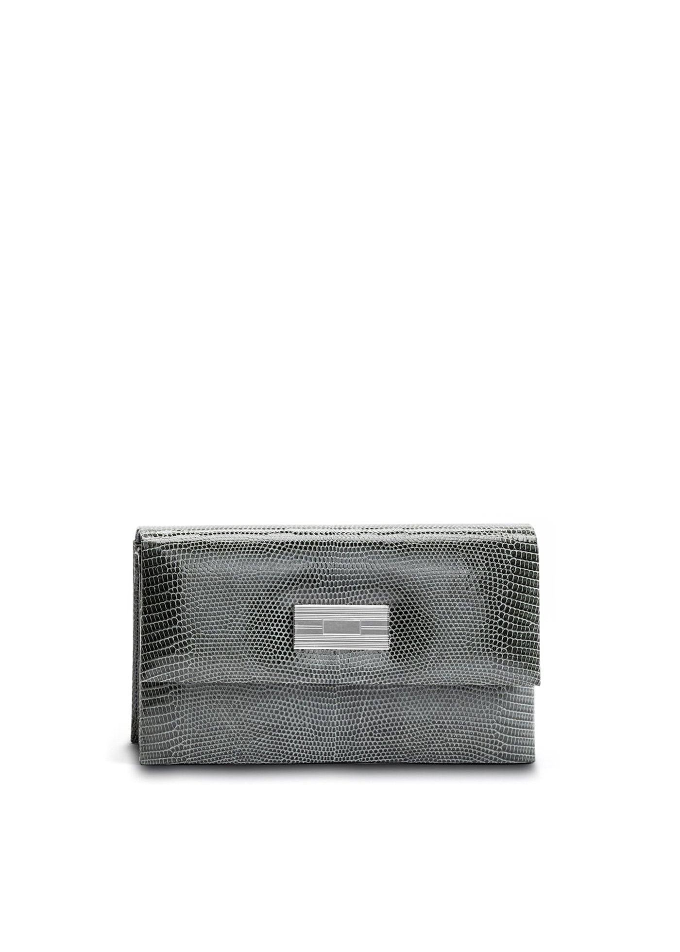 Exotic lizard mini clutch in grey with sterling silver monogram plate - Darby Scott