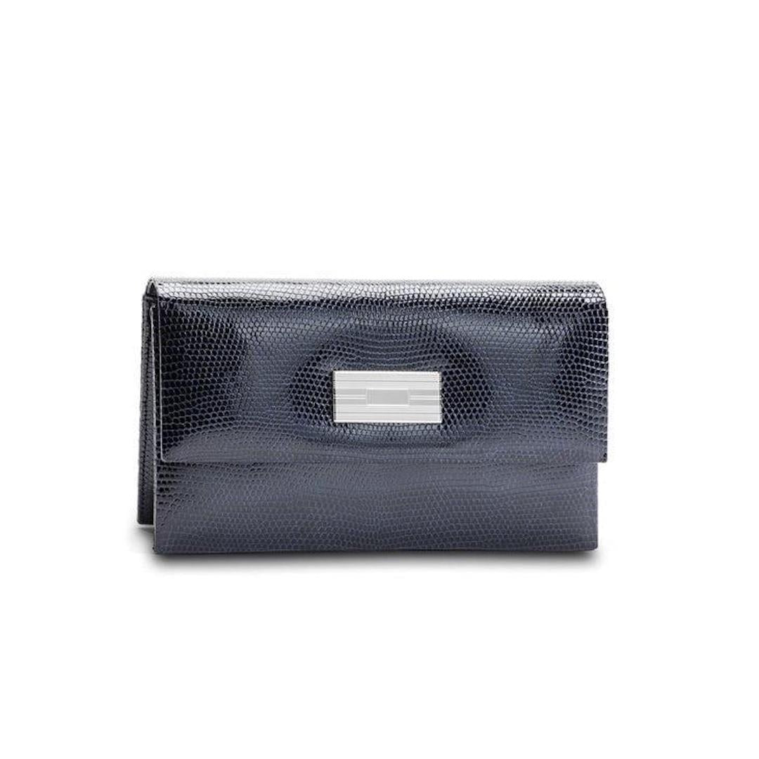 Exotic lizard mini clutch in navy with sterling silver monogram plate - Darby Scott