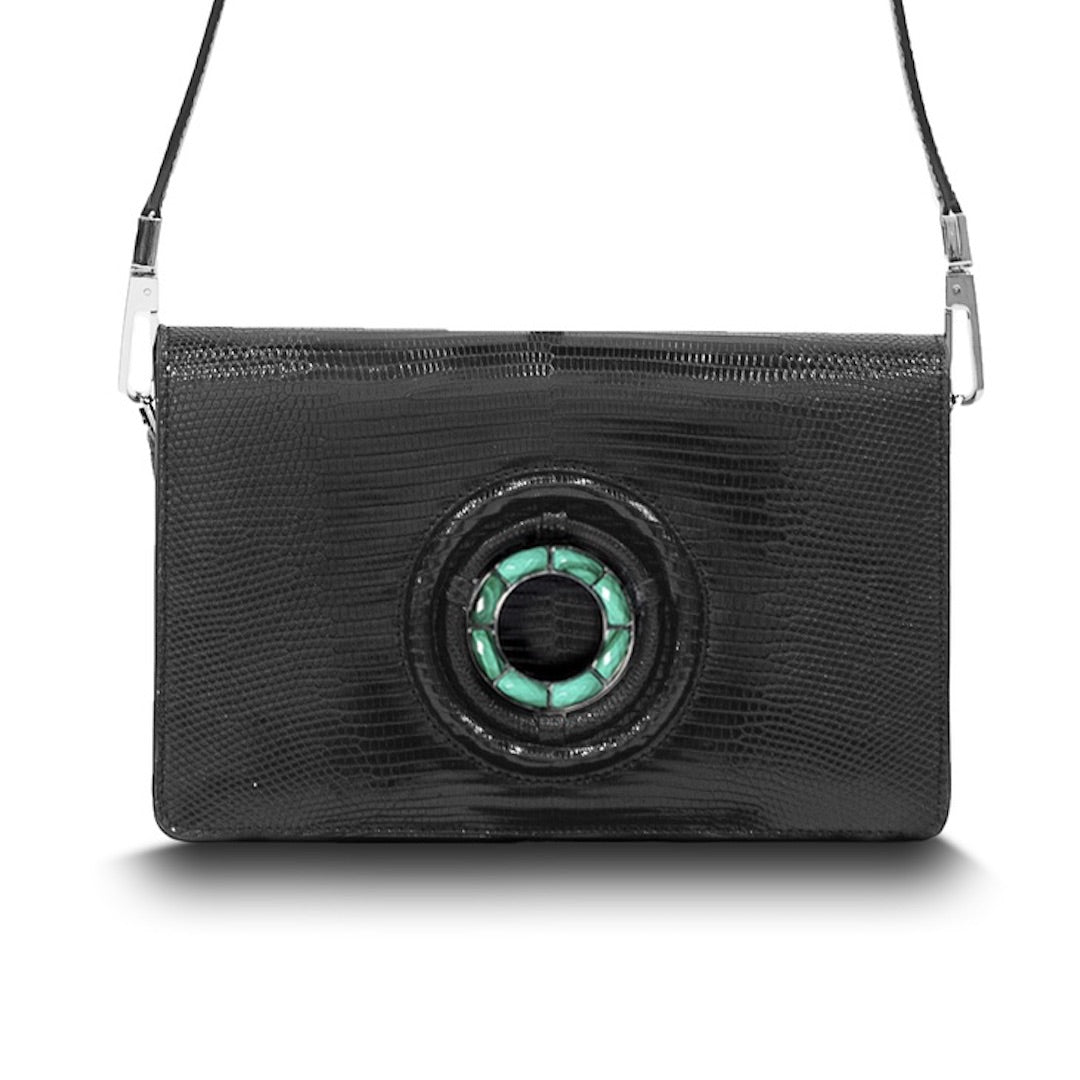 Black Lizard Jeweled Handbag, Anna Convertible Crossbody with Malachite Gemstones - Darby Scott