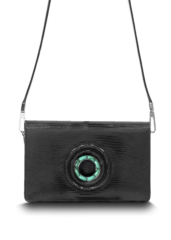 Exotic lizard Anna crossbody in black with malachite grommet - Darby Scott