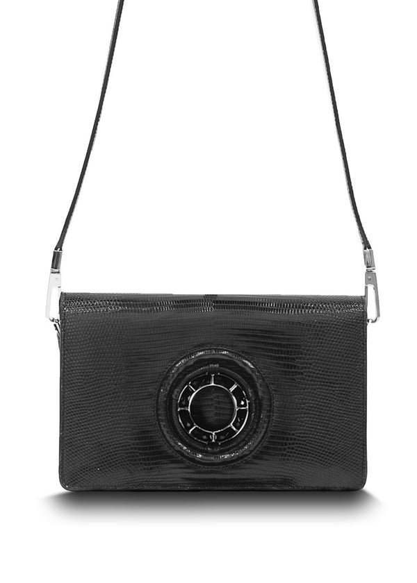 Exotic black lizard Anna crossbody with black onyx grommet - Darby Scott