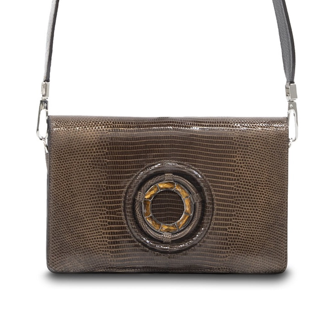 Chocolate Lizard Jeweled Handbag, Anna Convertible Crossbody with Tiger Eye Gemstones- Darby Scott