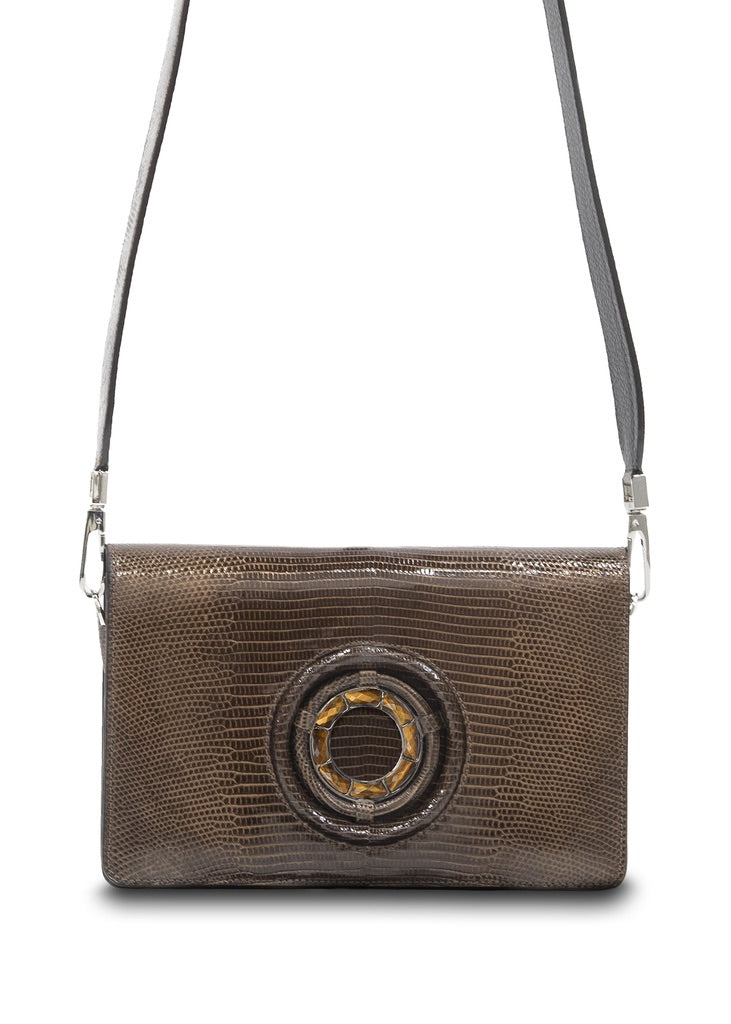 Exotic lizard crossbody in chocolate with tiger eye grommet - Darby Scott