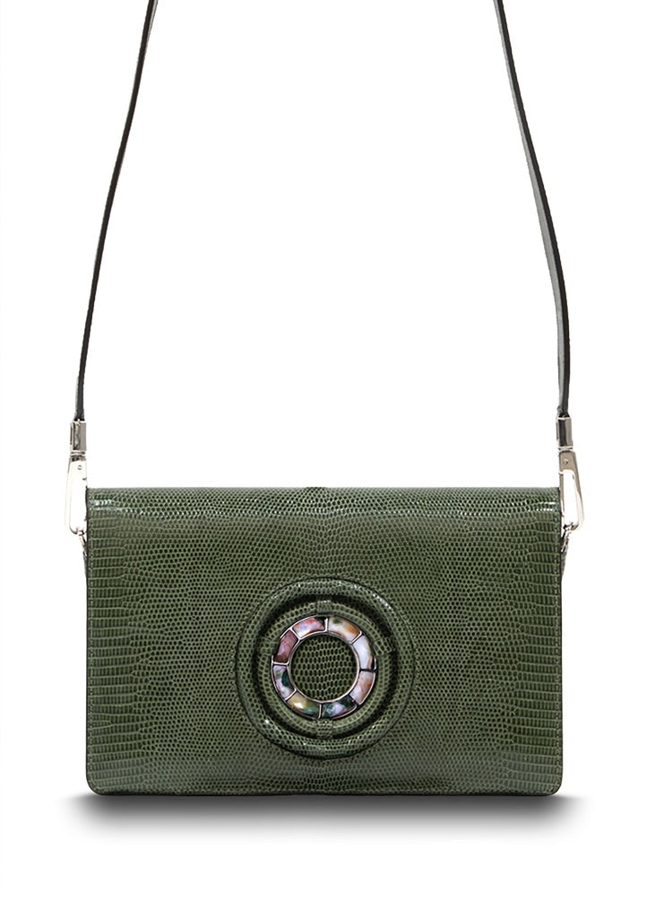 Exotic lizard Anna crossbody in green with jasper grommet - Darby Scott