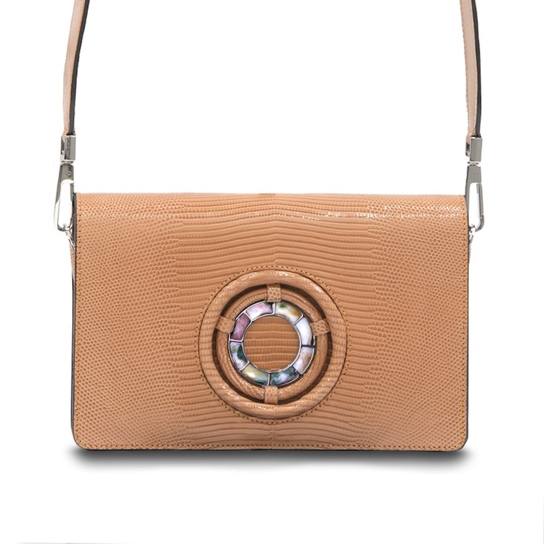 Peach Lizard Jeweled Handbag, Anna Convertible Crossbody with Jasper Gemstones- Darby Scott