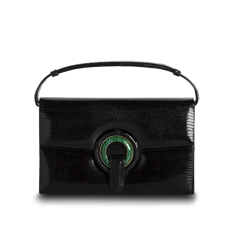Exotic Lizard Handbag in Black with Malachite Grommet - Darby Scott
