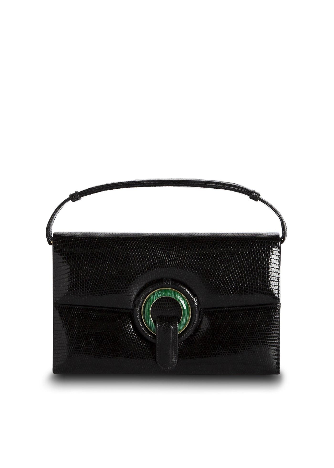 Exotic Lizard Handbag in Black with Malachite Grommet - Darby Scott