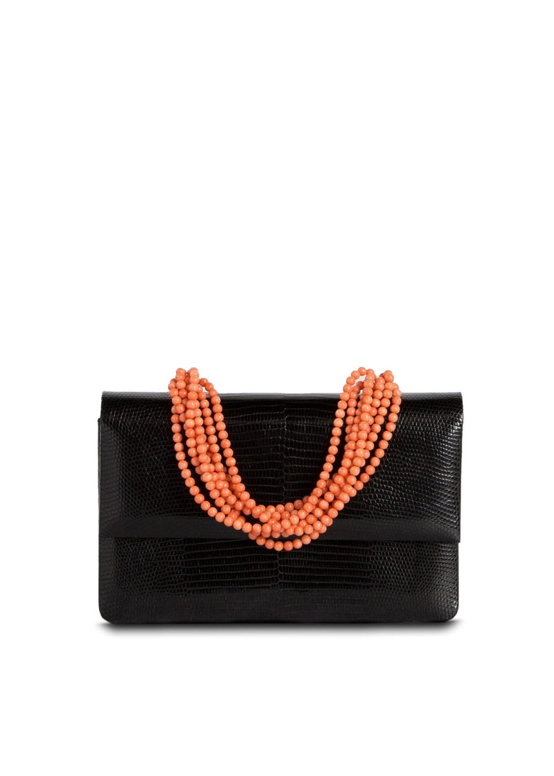Exotic Lizard Iconic Handbag in Black with Coral Necklace Handle - Darby Scott