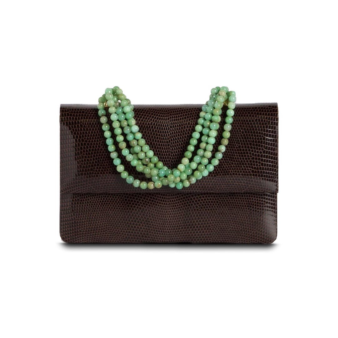 Exotic lizard iconic necklace Jeweled handbag in brown with chrysoprase handle - Darby Scott