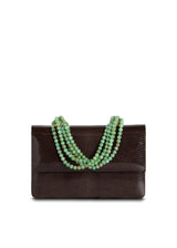 Exotic lizard iconic necklace handbag in brown with chrysoprase handle - Darby Scott