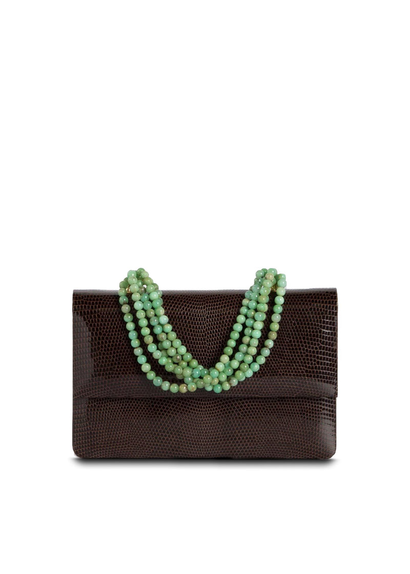 Exotic lizard iconic necklace handbag in brown with chrysoprase handle - Darby Scott