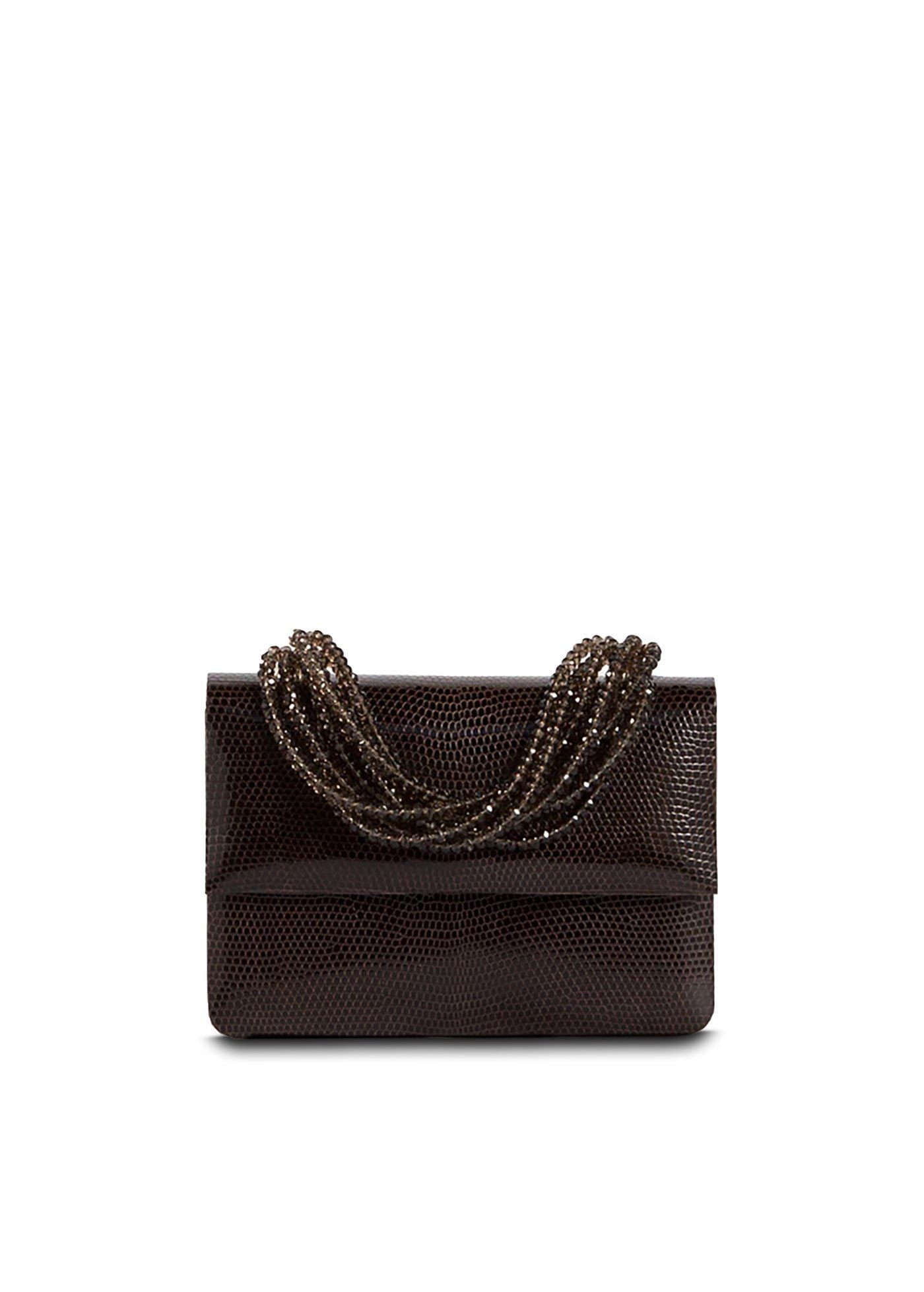 Exotic Lizard Iconic Mini Handbag in Brown with Smokey Topaz Necklace Handle - Darby Scott