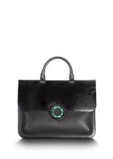 Exotic lizard & pebble leather saddle bag in black with malachite grommet - Darby Scott