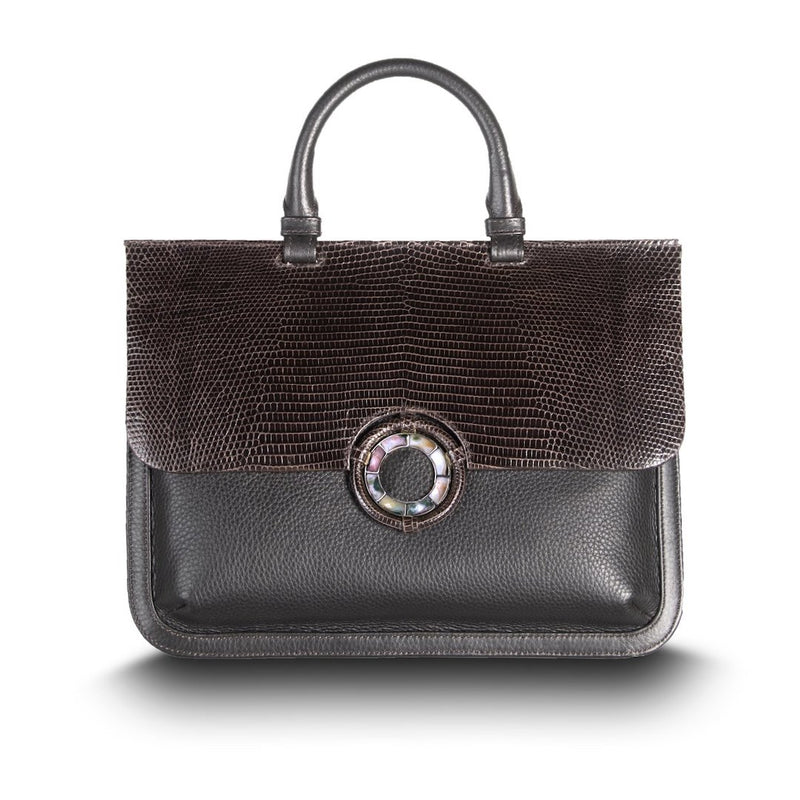 Brown Lizard & Leather Jeweled Handbag, Sydney Convertible Satchel with Jasper Gemstones - Darby Scott