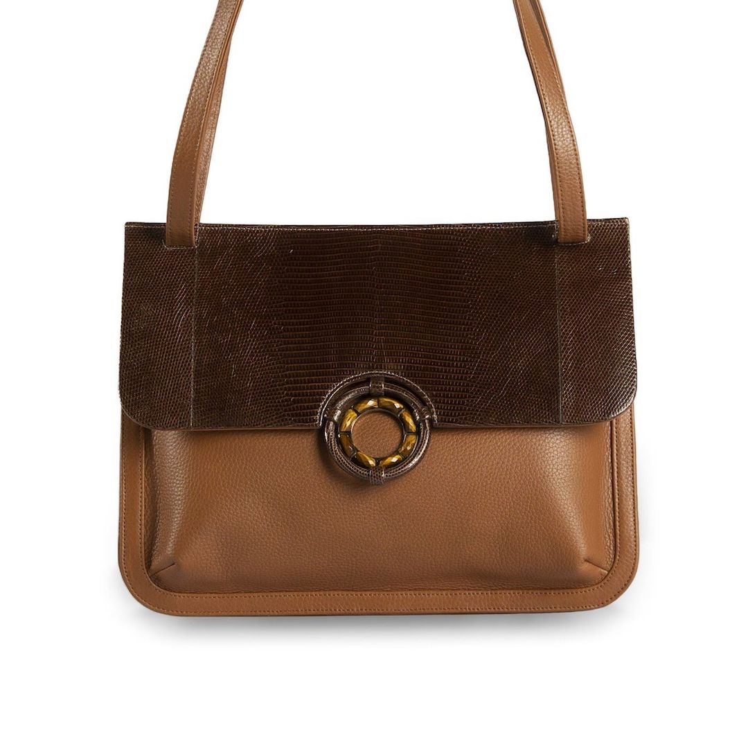 Exotic lizard & pebble leather saddle bag in cognac & brown with tiger eye grommet - Darby Scott