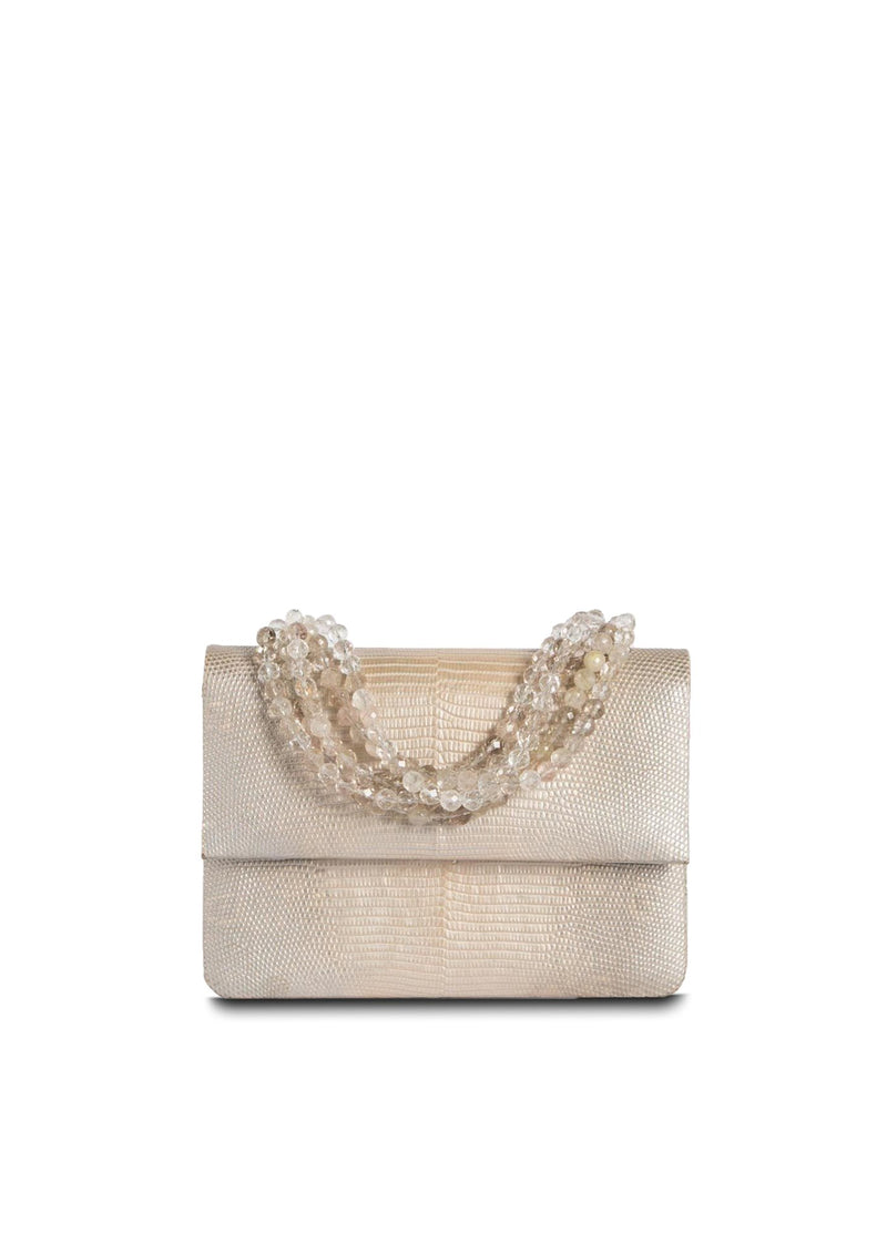 Exotic lizard mini iconic necklace handbag in champagne with rutilated quartz handle - Darby Scott