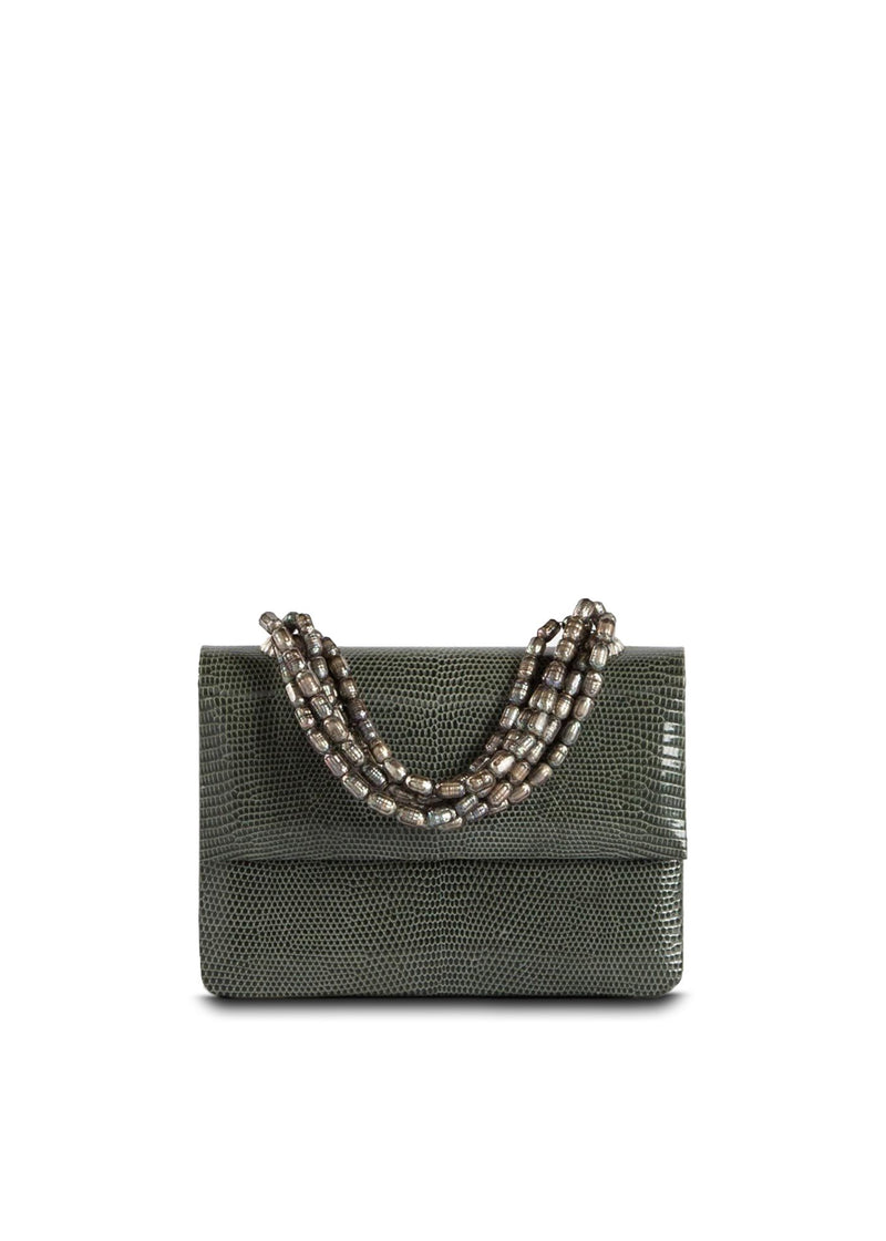 Exotic lizard mini iconic necklace handbag in grey with mother of pearl handle - Darby Scott