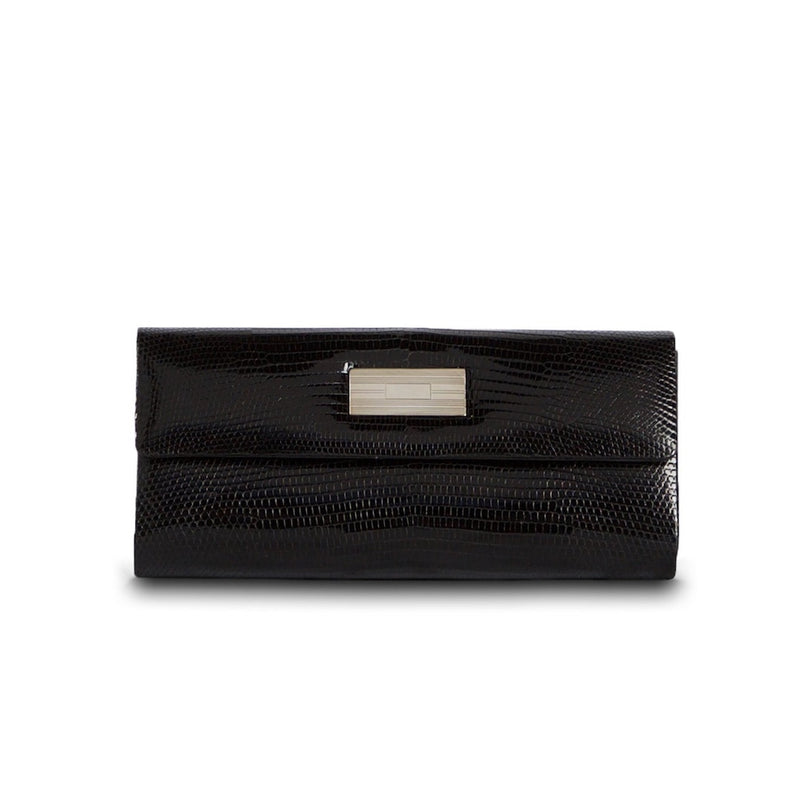 Exotic lizard roll clutch in black with sterling silver monogram plate - Darby Scott