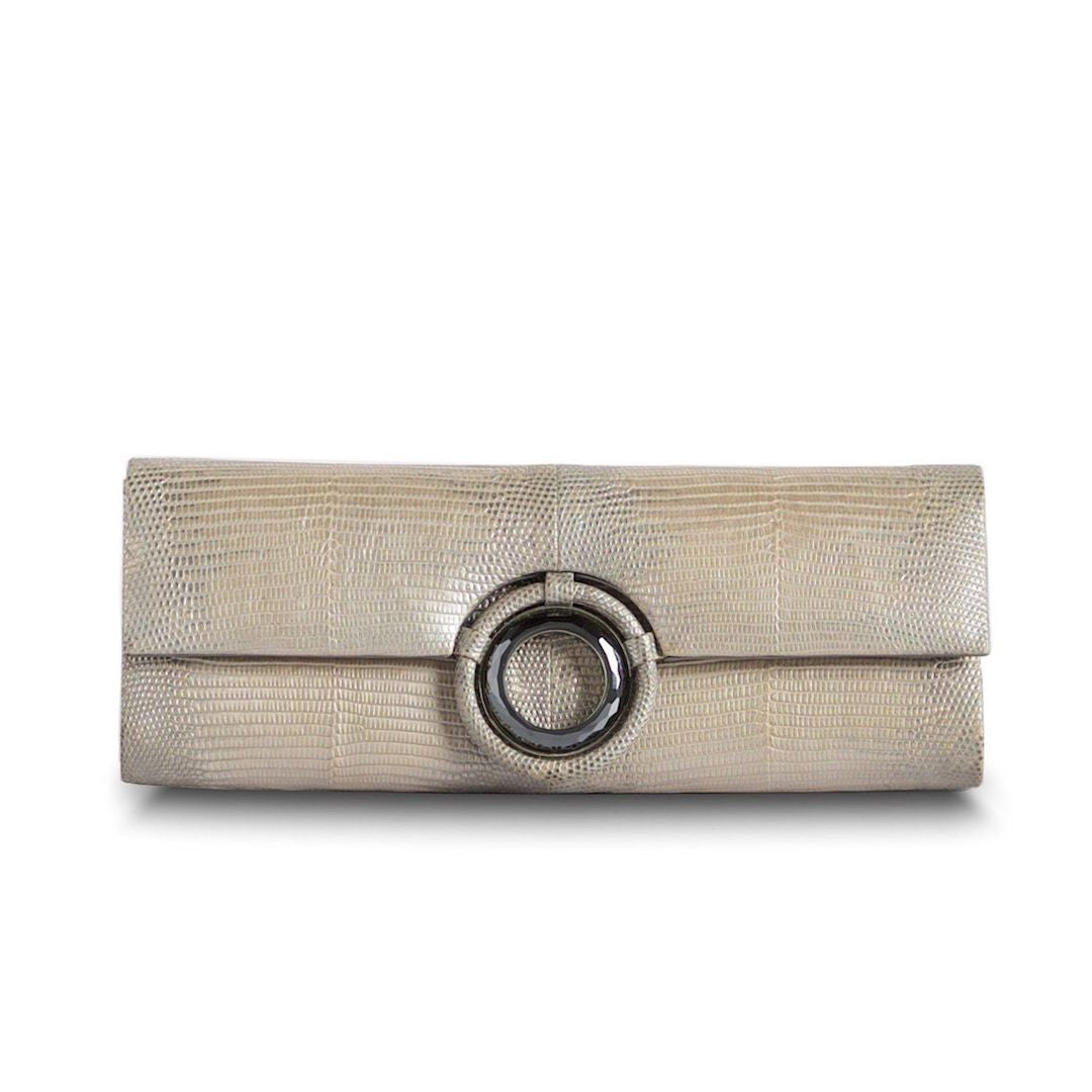 Exotic Lizard Roll Clutch in Champagne Metallic with Hematite Grommet - Darby Scott