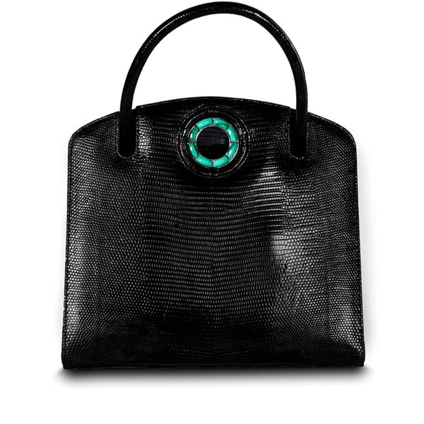 Black Lizard Jeweled Handbag, Annette Top Handle Tote with Malachite Gemstones - Darby Scott