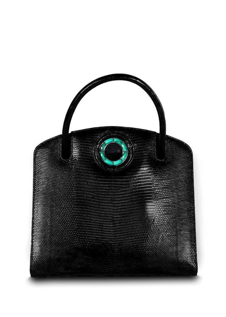 Exotic lizard Annette top handle tote in black with malachite grommet - Darby Scott