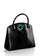 Exotic lizard Annette top handle tote in black with malachite grommet side- Darby Scott