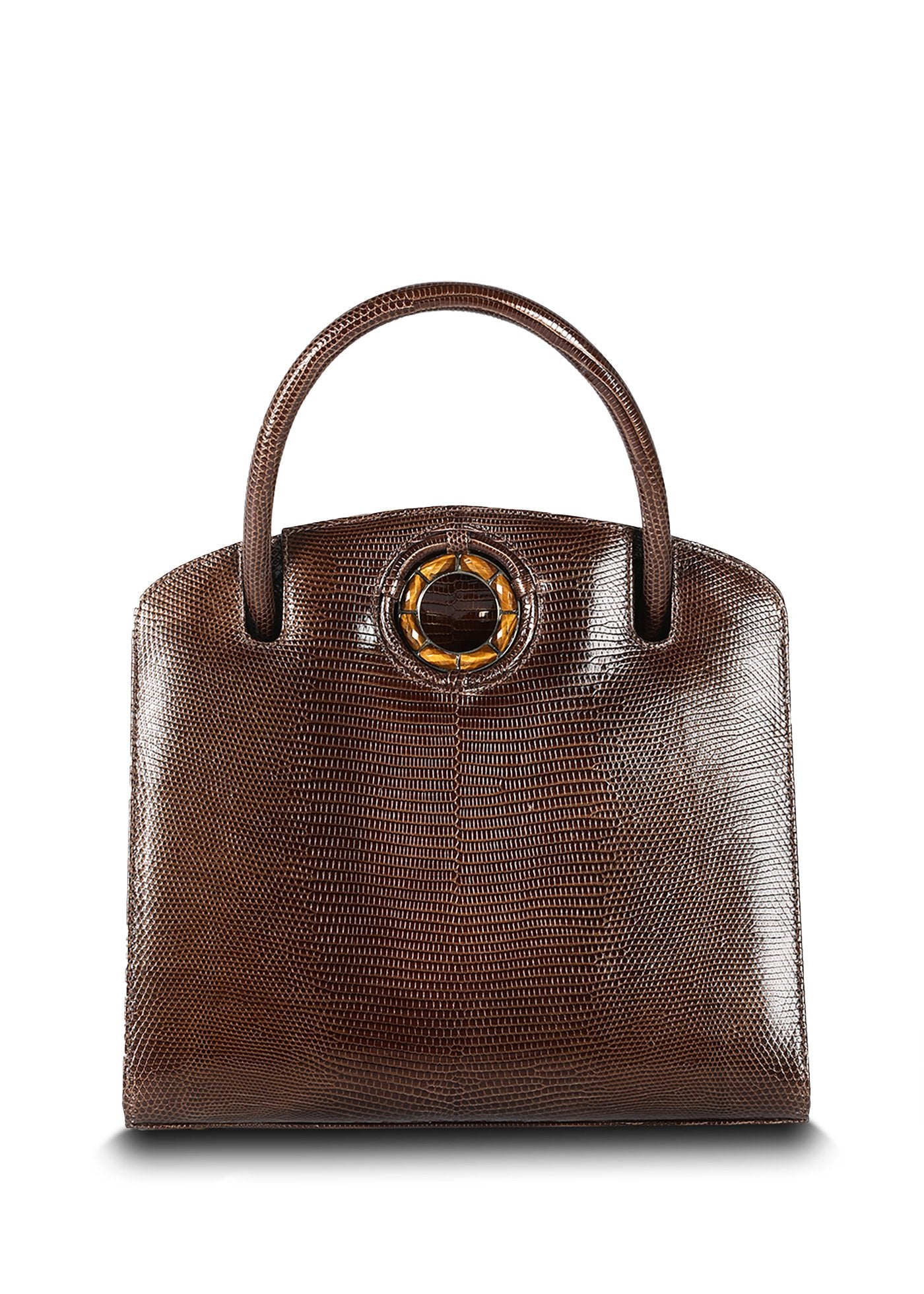 Exotic lizard Annette top handle tote in brown with tiger eye grommet - Darby Scott