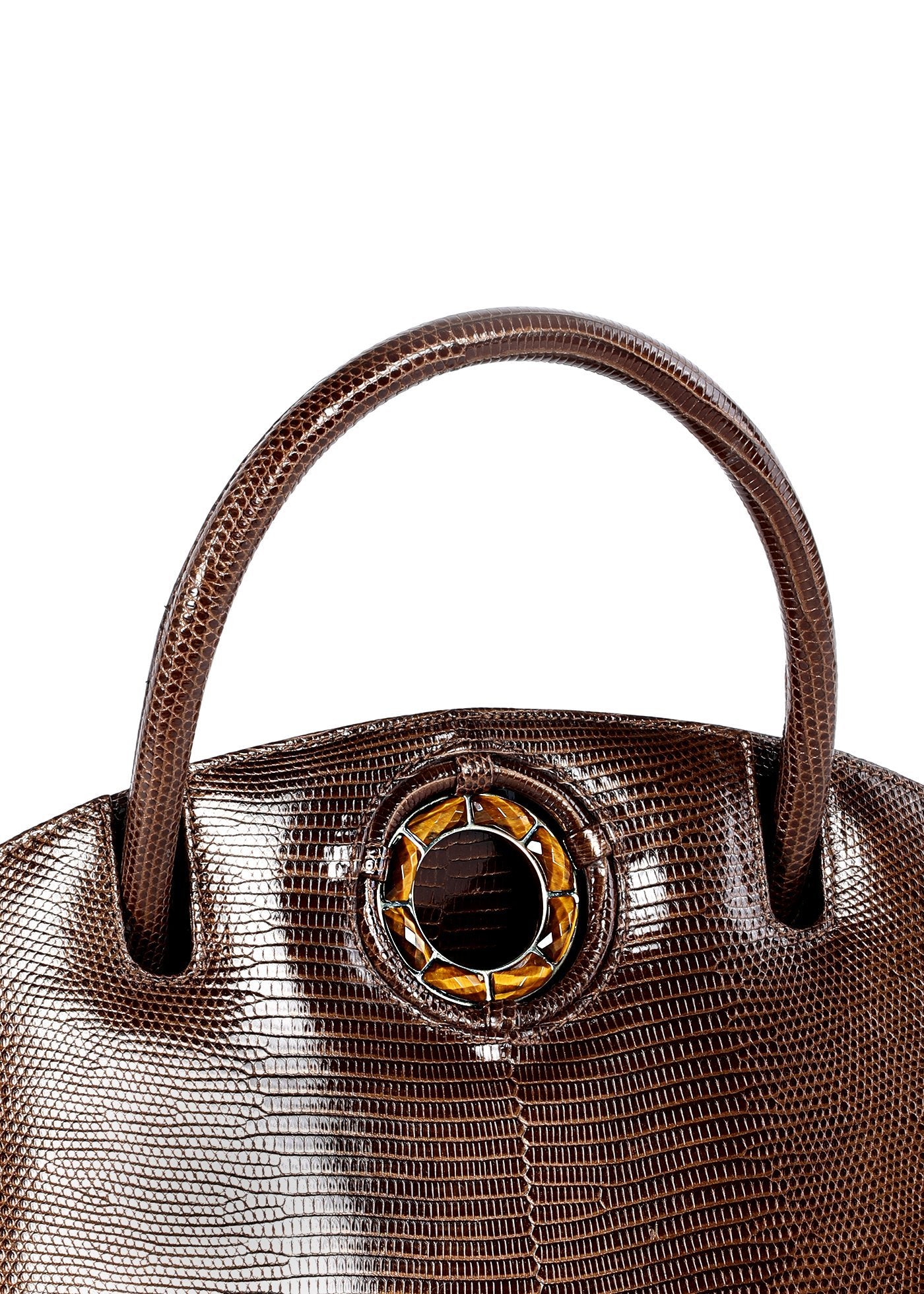 Exotic lizard Annette top handle tote in brown with tiger eye grommet detail - Darby Scott