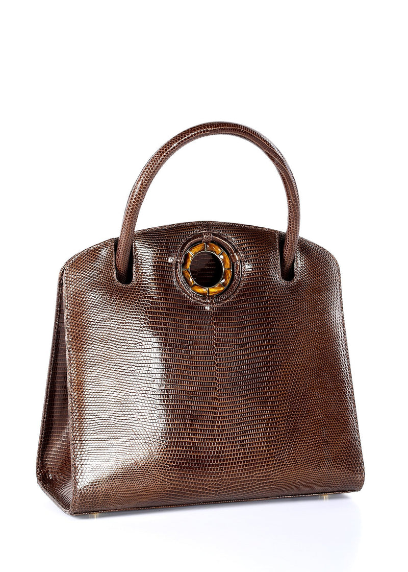 Exotic lizard Annette top handle tote in brown with tiger eye grommet side - Darby Scott