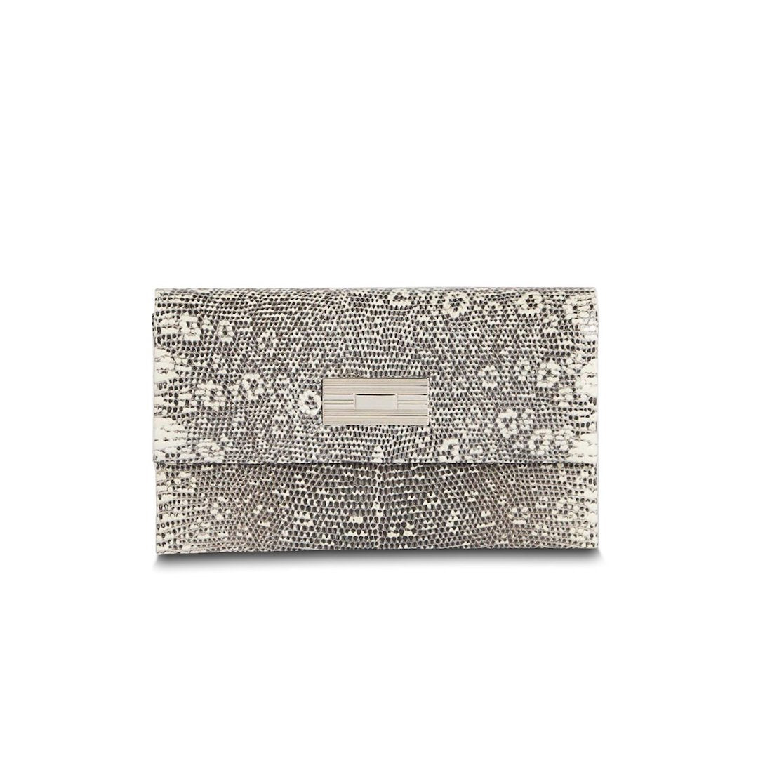 Exotic ring lizard mini clutch in black & white with sterling silver monogram plate - Darby Scott