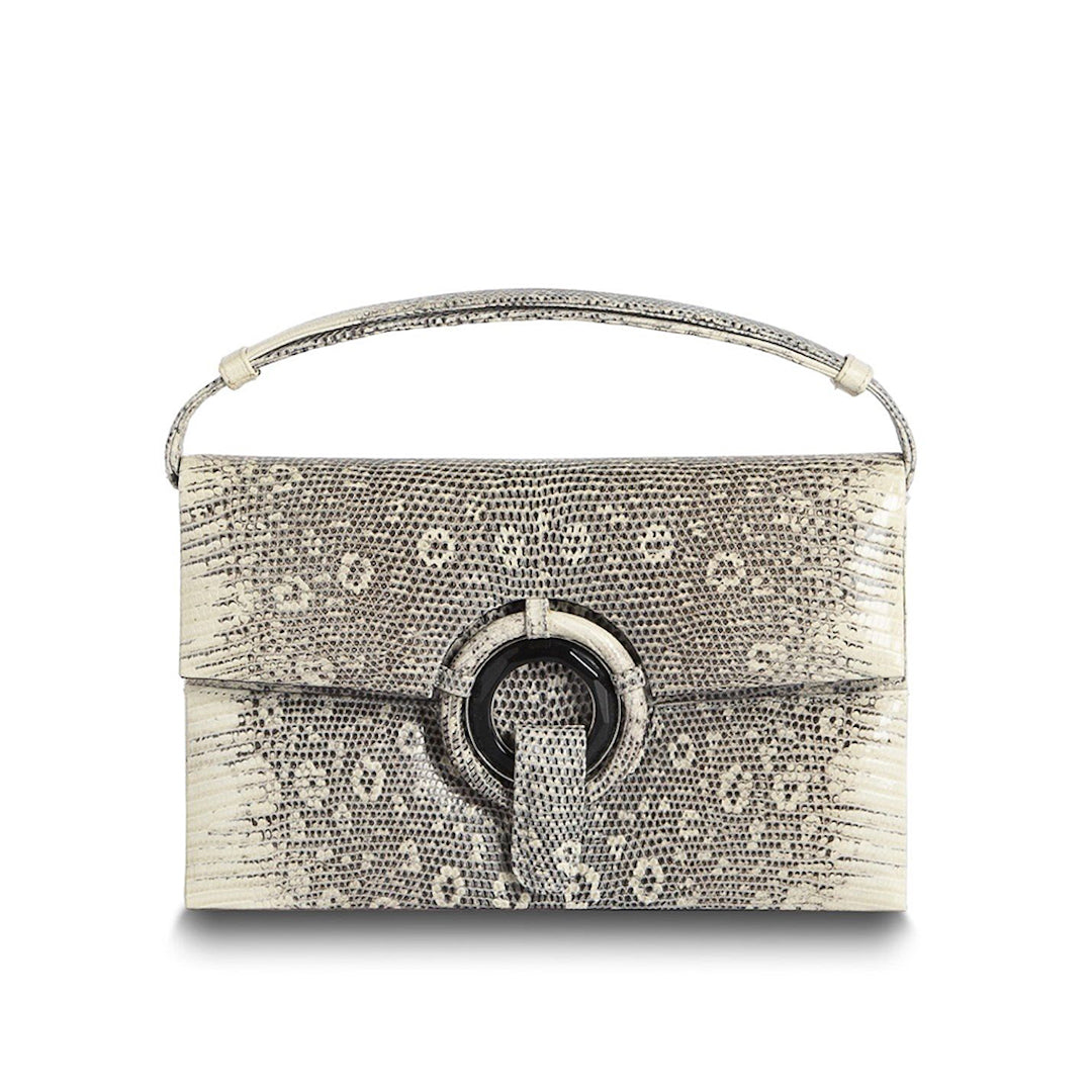 Exotic Ring Lizard Handbag in Black & White with Onyx Grommet - Darby Scott