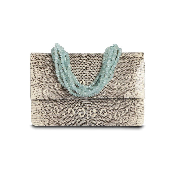 Exotic Ring Lizard Iconic Jeweled Necklace Handbag in Black & White with Aquamarine Handle  - Darby Scott