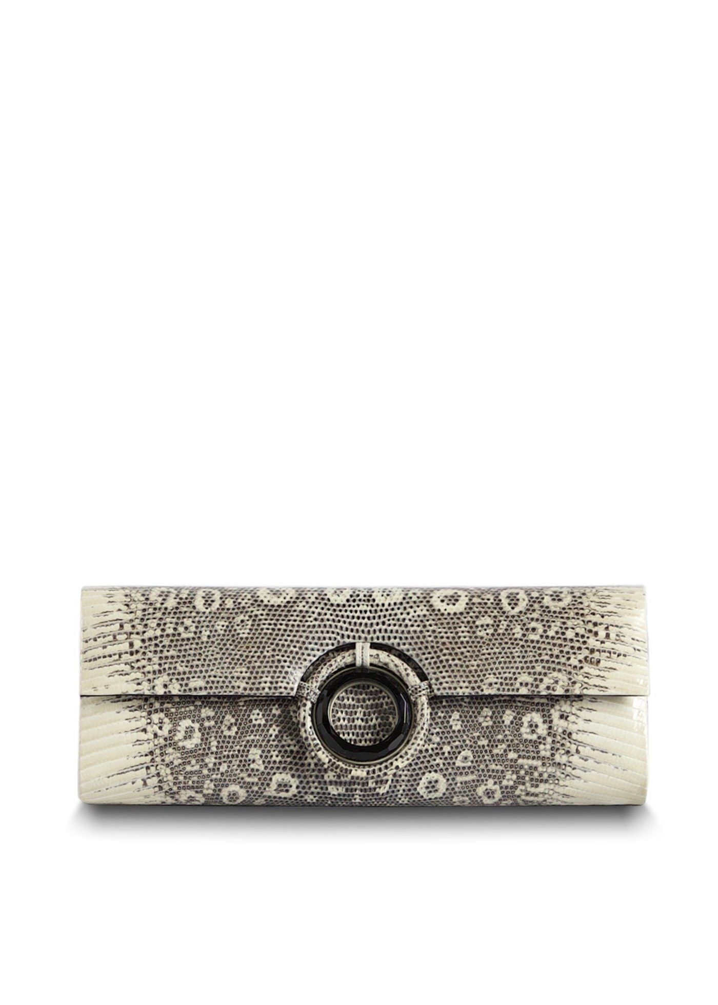 Genuine Ring Lizard Roll Clutch in Black & White with Black Onyx Grommet - Darby Scott